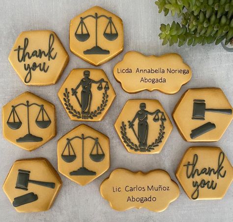 Law Cupcakes, Lawyer Cookies, Lawyer Cookies Decorated, Lawyer Theme Cake, Scales Of Justice Cookies, Law School Graduation, Graduation Cookies, Fall Cakes, Lawyer