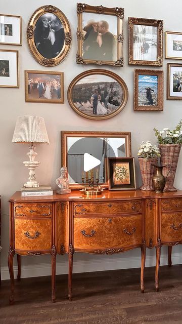 Gallery Wall With Oval Frames, Vintage Gallery Wall Above Couch, Styling With Antiques, Large Entry Way Wall Ideas, Antique Picture Wall, Wedding Photos Wall Display, Vintage Frames On Wall, Antique Picture Frames On The Wall, Gallery Wall With Mirror In Center