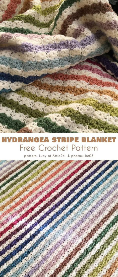 Hydrangea Stripe Blanket Free Crochet Pattern | Your Crochet Crochet Striped Blanket Pattern, Hydrangea Plant, Striped Crochet Blanket, Stripe Blanket, Crocheted Afghans, Crocheted Blanket, Crochet Blanket Afghan, Crochet Humor, Crochet Baby Blankets