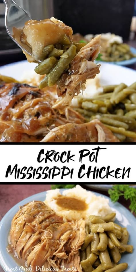 Mississippi Chicken is a delicious crock pot meal that is loaded with tender, juicy chicken, pepperoncini peppers, and lots of savory flavors. Crockpot Dump Recipes Chicken, Poor Family Dinner, Crockpot Dump And Go Recipes Easy, Lazy Crockpot Meals, Meals With Precooked Chicken, Football Food Crockpot Main Dishes, Easy Winter Meals Crock Pots, Football Meal Ideas, Healthy December Meals