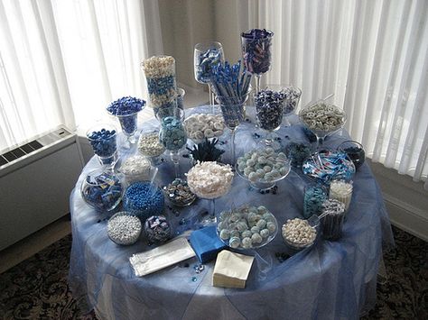 Blue Candy Bars, White Candy Buffet, Blue Candy Buffet, Basketball Party Decorations, Wedding Candy Table, Candy Buffet Ideas, Candy Bar Ideas, Candy Buffet Wedding, Candy Bar Party