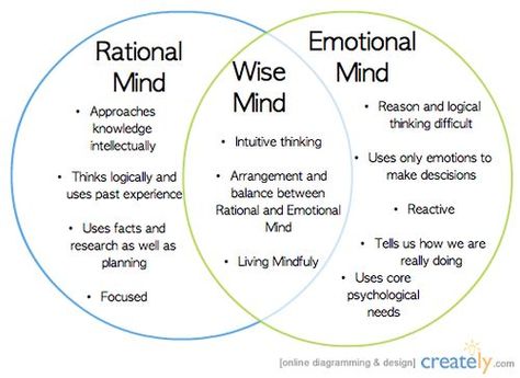 Wise mind is a state of mind that integrates logical thinking with emotional awareness. It is a mindful state in which you make decisions by integrating different ways of knowing and don't cut off parts of your experience. It means integrating our amygdala's intuitive reactions with the wisdom of past experience and knowledge about the world. Dbt Therapy, Wise Mind, Dbt Skills, Behavior Therapy, Dialectical Behavior Therapy, Counseling Activities, Counseling Resources, Therapy Counseling, Therapy Worksheets