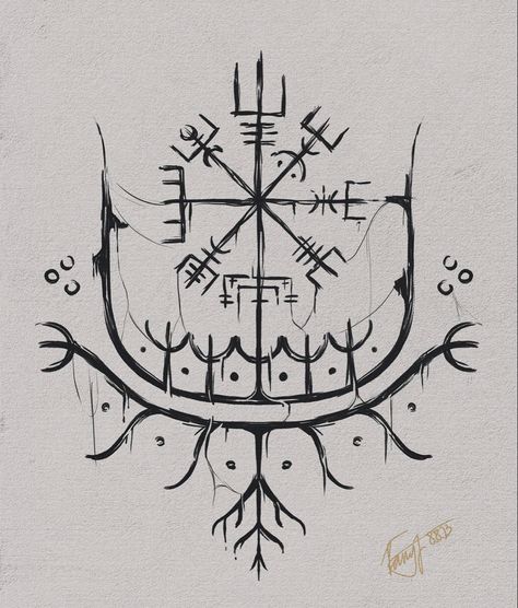 Norse Tattoo Stencil, Viking Ruins Tattoo, Ruin Tattoos Viking, Norse Designs Pattern, Nordic Moon Tattoo, Viking Longboat Tattoo, Viking Painting Ideas, Viking Iconography, Viking Tattoo Design Drawings