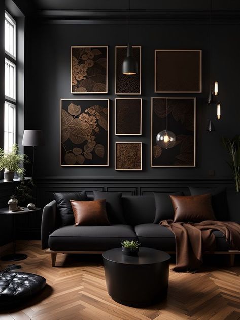 Black Interior Walls Living Spaces, Dark Lounge Room Ideas, Black Sectional Living Room, Dark Living Room Decor, Dark Lounge, Luxury Living Room Inspiration, Minimalist Living Room Ideas, Luxury Living Room Decor, Dark Living Rooms