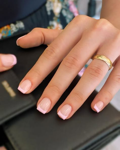 Simple Gel Nail Ideas Short, Soft Pink French Tip Nails Square, Square Short Acrylics, Square French Tips Short, Light Pink French Tip Nails Square Short, Short French Nails Acrylic Square, Nails To School, Light Pink French Tips Square, Cute Short Acrylics