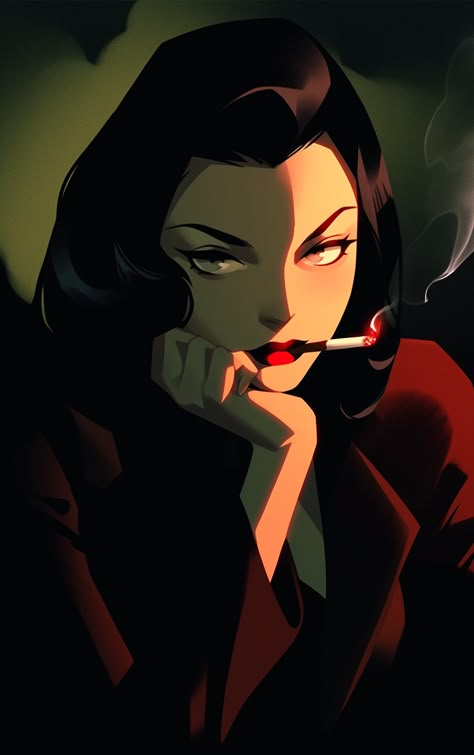 stylish, mysterious woman with a cigarette, classic film noir vibes, retro-themed art Noir Woman Art, Film Noir Detective Woman, Roaring 20s Character Design, 60s Detective Aesthetic, Female Agent Art, Spy Art Character Design, Mob Aesthetic Female, Business Woman Character Art, Film Noir Art