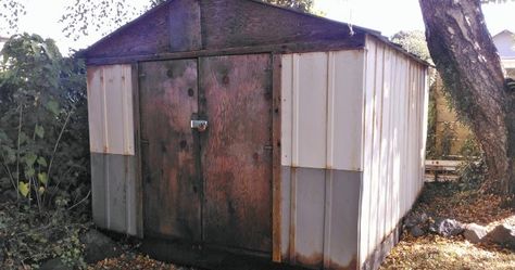 This little shed sitting on the corner of our property has been an eyesore since we bought this place. We didn't bother doing anything to it... Small Potting Shed, Corner Sheds, Shed Makeover, Tin Shed, Build Your Own Shed, Steel Sheds, Metal Storage Sheds, Small Sheds, Diy Shed Plans