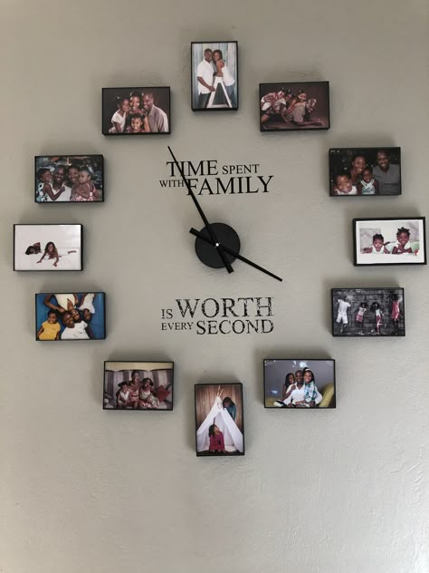 Modern Living Room Clock, Family Clock Wall Decor, Photo Clock Wall, Wall Clock With Photo Frames, Photo Clock Ideas, In These Moments Time Stood Still, Clock With Pictures Around It Wall Ideas, Family Photo Wall Decor Ideas, Clock And Picture Wall Layout