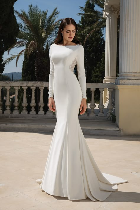 Justin Alexander - Style 88076: Crepe Long Sleeve Fit and Flare Gown with Beaded Illusion Keyhole Back Mermaid Trumpet Wedding Dresses, Justin Alexander Bridal, Jeweled Wedding Dress, Justin Alexander Wedding Dress, Sleeved Wedding, Cheap Wedding Dresses Online, Trumpet Wedding Dress, Justin Alexander, Long Sleeve Gown