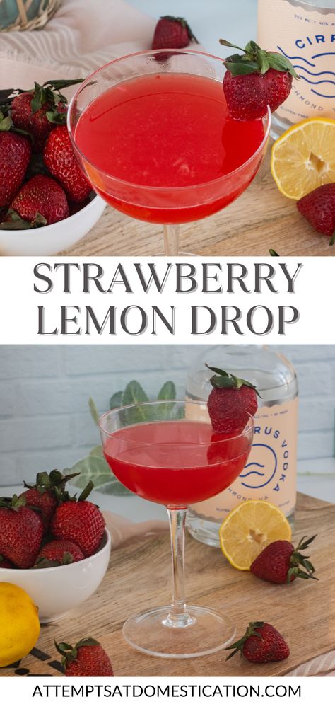 Sip on sunshine with this heavenly Strawberry Lemon Drop martini! Fresh strawberries + zesty lemon juice + smooth vodka make the perfect blend of sweet and tart. Strawberry Lemon Drop Martini, Strawberry Lemon Drop, Party Drinks Ideas, Lemon Drop Martini Recipe, Roasted Almonds Recipe, Lemon Drop Recipe, Cranberry Cream Cheese Dip, The Perfect Martini, Martini Recipes Vodka