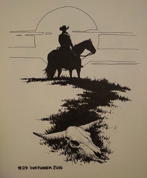 Cowpoke Tattoo Ideas, Realistic Western Tattoo, Wild Horses Drawing, Ranch Drawing Western Art, Ranching Tattoos, Cowboy And Horse Tattoo, Cowboy Silhouette Tattoo, Dark Western Tattoo, Rancher Tattoo