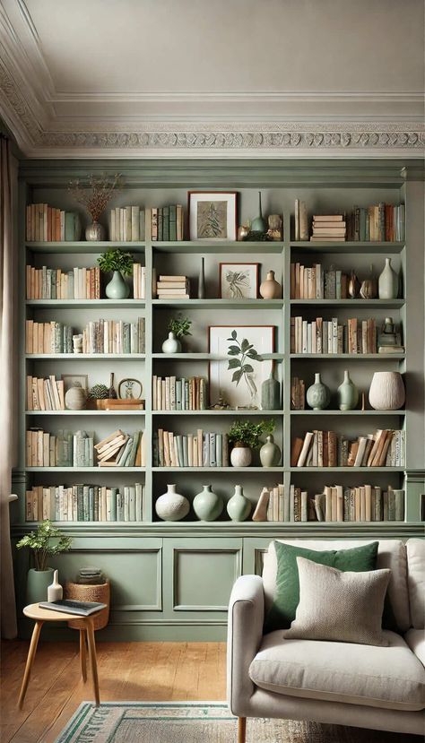 Sage Library Room, Green Trim Living Room, Road Decoration Ideas, Built In Bookshelves Green, Green Shelves Living Room, Green Book Room, Sage Green Bookcase, Sage Bookshelf, Living Room Bookcase Decor