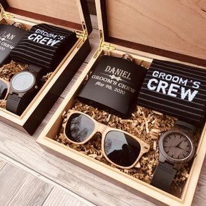 Groomsmen Box Set with Watch, Socks, Sunglasses, & Flask - GroomsDay Wedding Party Gifts Groomsmen, Groom Watch, Groom Box, Groomsmen Boxes, Groomsman Proposal Box, Groomsmen Party, Groomsmen Invitation, Groomsmen Proposal Gifts, Groomsmen Flask