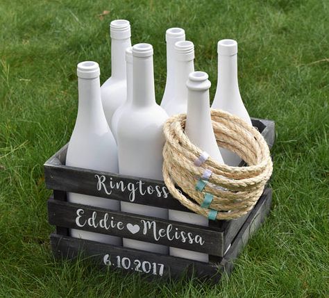 Ring Toss Wedding Game, Ring Toss Engagement Party, Yard Games For Wedding Receptions, Ground Altar Wedding, Outdoor Wedding Games For Guests, Outdoor Wedding Trash Can Ideas, Wedding Ring Toss Game, Outdoor Games For Wedding, Wedding Indoor Activities