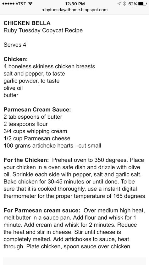 Chicken Bella Ruby Tuesday Parmesan Cream Sauce, Ruby Tuesday Asiago Bacon Chicken, Cambell Recipes Cream Of Chicken, Copycat Alice Springs Chicken, Lee's Famous Recipe Chicken Copycat, Copycat Carrabbas Chicken Marsala, Ruby Tuesday Recipes, Olive Oil Butter, Parmesan Cream Sauce