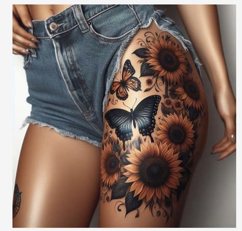 All Tattoos For Women, Sunflower Thigh Tattoos Women, Butterfly Sunflower Tattoo, Tattoo Ideas Sunflower, Thigh Piece Tattoos, Cute Thigh Tattoos, Arm Sleeve Tattoos For Women, Tattoo Ideas Female, Hip Thigh Tattoos