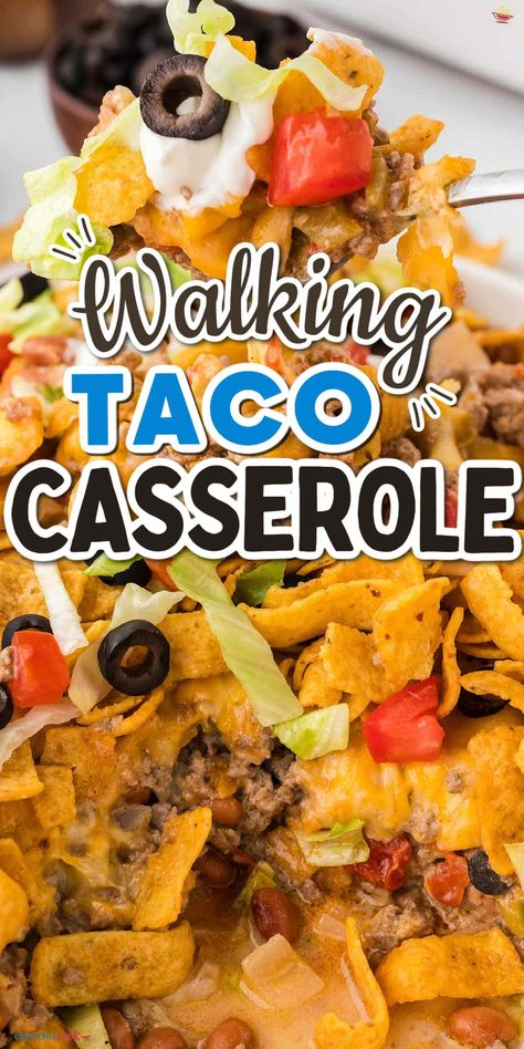 This Taco Casserole With Corn Chips is an easy and fun dinner idea! Packed with ground beef, beans, and Fritos, it's perfect for busy nights. #CheerfulCook #Fritos #BestWalkingTacoCasserole #BeefCasseroleRecipes #TacoCasseroleBakeWithFritos #MexicanTacoCasseroleBeef ♡ cheerfulcook.com Hot Dishes Casserole, Authentic Mexican Pozole Recipe, Casserole With Corn, Beef And Noodles Crockpot, Frito Recipe, Walking Taco Casserole, Taco Casserole Bake, Frito Pie Recipe, Beef Taco Casserole