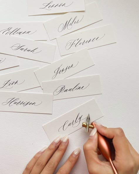 Refreshing some of my past work as my craft improved and evolved over the years ✍️ It's been about 3 years since i first introduced these minimalistic place cards and now they showcase my new and refined modern calligraphy style. . . . . . #rosemaystudio #placecards #escortcards #minimalisticstationery #moderncalligraphy #nzwedding #nzcalligrapher #aucklandcalligrapher #nzweddinginspo #weddngstationery #eventstationery #dinnerpartyinspo #tabledecor #tablesetting C Calligraphy, Calligraphy Aesthetic, Website Colors, Calligraphy Business, Calligraphy Names, Moodboard Wedding, Calligraphy Workshop, Calligraphy Artist, Calligraphy Modern