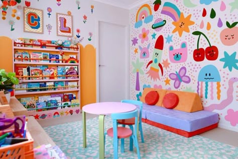 Understairs Kids Space Play Areas, Funky Playroom, Fun Mural, Children Room Ideas, Boy And Girl Shared Bedroom, Girls Bedroom Wall Art, Grandkids Room, Colorful Playroom, Colorful Nursery