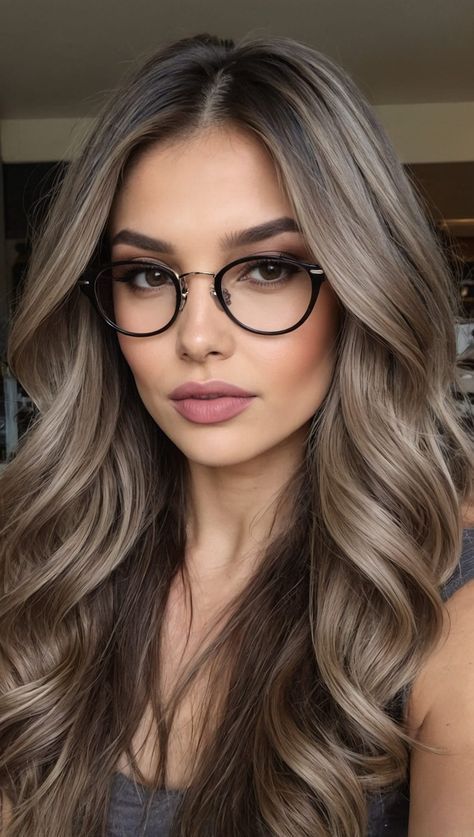 Hair Highlights Cool Tones, Gray Hair Balage, Dark Hair Color Ideas Short Hair, Smokey Balayage Brunettes, Cool Brown Hair Color Ideas, Icy Brown Balayage, Ash Brown Hair With Balayage, Med Ash Brown Hair, Winter Hair Color For Blue Eyes