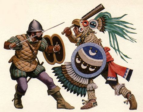 panish Conquistador fighting against an Aztec Eagle Warrior during the Spanish conquest of the Aztec Empire in 1521. Aztec History, Angus Mcbride, Ancient Mexico, Mexican History, Aztec Empire, Warriors Illustration, Ancient Aztecs, Historical Warriors, Spanish Conquistador