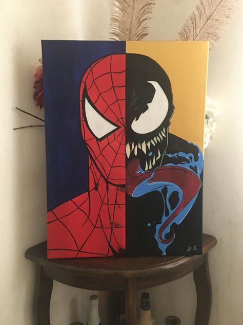 Spiderman Paintings Easy, Spiderman Art Canvas, Black Spiderman Painting, Spiderman And Venom Painting, Canvas Painting Ideas Marvel, Spider Man Acrylic Painting, Venom Canvas Painting, Guy Painting Ideas, Painting Ideas Marvel