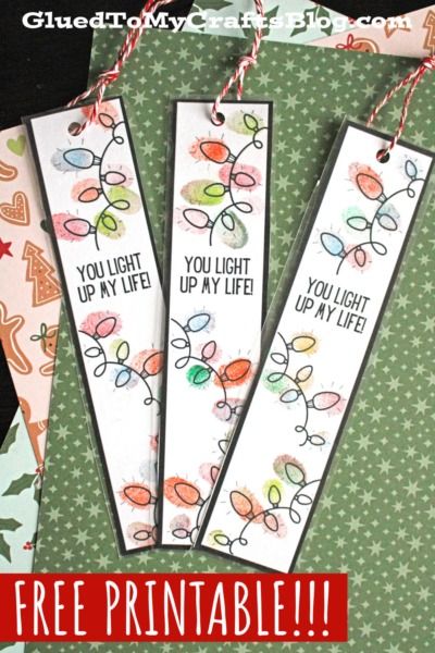 Fingerprint You Light Up My Life Bookmarks - Glued To My Crafts Winter Bookmark Craft, Holiday Bookmarks For Kids, Thumbprint Bookmark, Handprint Bookmark, Kids Bookmark Craft, Bookmarks Preschool, Homemade Bookmarks Diy, Shrinky Dink Christmas, Bookmark Crafts For Kids