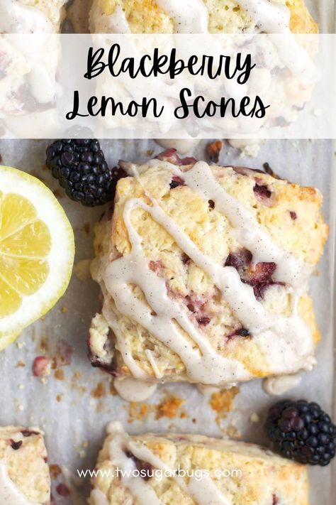 This easy blackberry lemon scones recipe is made without butter and makes soft and moist scones. Drizzled with a tart lemon glaze. Moist Scones, Berry Scones Recipe, Blackberry Scones, Lemon Scones Recipe, Easy Scone, Blackberry Lemon, Berry Scones, Breakfast Scones, Baking Power