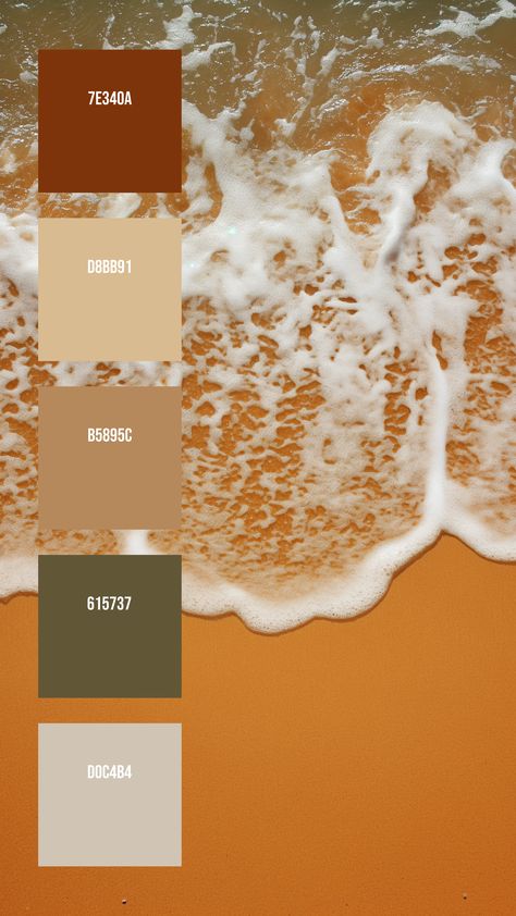 Colors: 7E340A ° D8BB91 ° B5895C ° 615737 ° D0C4B4 Sandy Color Palette, Sand Color Palette, Ocean Color Palette, Color Palets, Disney Minimalist, Choppy Water, Muted Yellow, Water Branding, Colored Sand