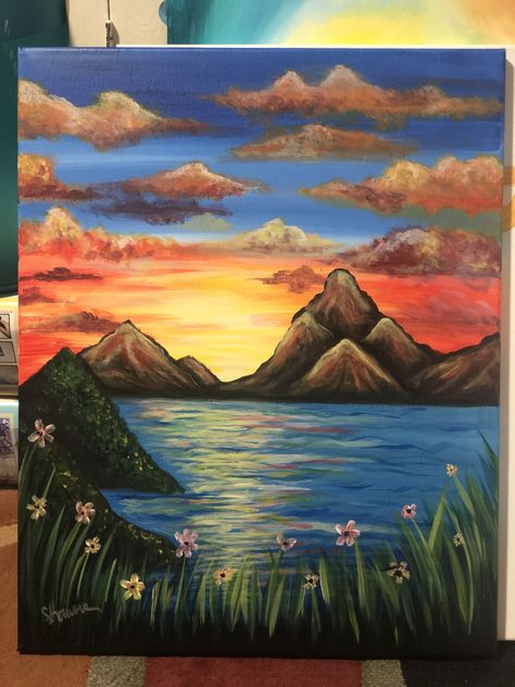 Landscape Paintings Mountain Easy, Landscapes To Paint Acrylics, Painting Mountains Easy, Beautiful Paintings With Meaning, Landscape Paintings For Kids, Acrylic Landscape Paintings Easy, Country Side Painting, Landscape Paintings Easy, Scenery Canvas Painting