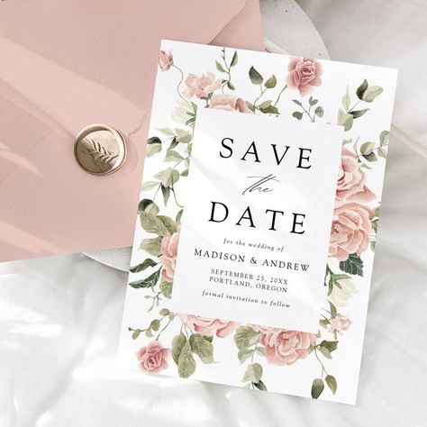 Elegant Blush Rose Garden Wedding Dusty Rose And Sage Green Save The Dates, Dusty Rose Save The Dates, Sage And Blush Wedding Invitations, Dusty Rose Invitation, Pink Save The Date, Safe The Date, Rose Garden Wedding, Wedding Planning Boards, Floral Wedding Invitation Suite