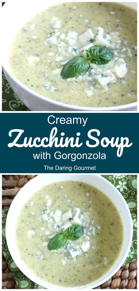 This creamy zucchini soup is laced with buttermilk, infused with herbs and sprinkled with Gorgonzola for an irresistibly delicious flavor! Soup Recipes With Buttermilk, Cream Of Zucchini Soup, Daring Gourmet, Creamy Zucchini Soup, Zucchini Sauce, Meatballs Pasta, Comfort Soups, Creamy Zucchini, Best Soups