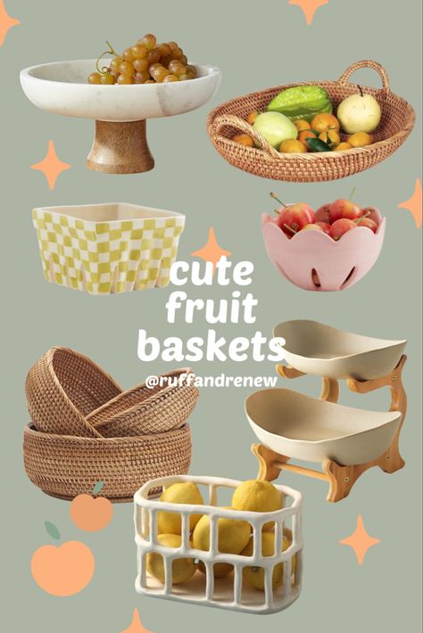 Cute Fruit Bowls For Kitchen, Rattan Fruit Basket, Fruit Holder Ideas, Unique Fruit Bowl, Fruit Basket Ideas Kitchen Counter, Fruit Counter Storage, Fruit Holder Ideas Kitchen, Fruit Organization Kitchens, Fruit Bowl Aesthetic Kitchen