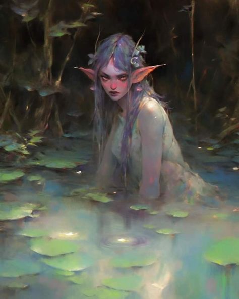 Magical Reference Pose, Seelie Fae Art, Evil Fairy Character Design, Nyphm Fairy, Dryad Illustration, Water Fae Aesthetic, Dark Fairy Character Design, Nymph Art Character Design, Fairy 5e