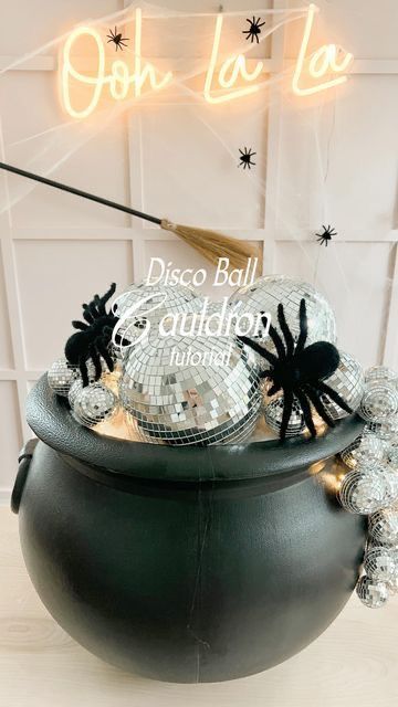 Halloween Decor Cauldron, Disco Ball Witch Hat, 70s Disco Halloween Party, Disco Halloween Party Decor, Disco Ball Witches Cauldron, Halloween Decor With Disco Balls, Glitter Halloween Decor, Disco Fall Decor, Disco Halloween Decorations