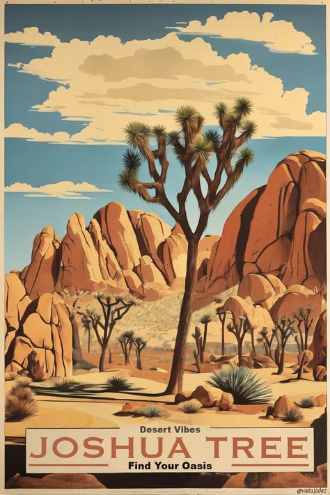 Joshua Tree, CA vintage 1950's travel poster that reads "Desert Vibes: Find Your Oasis" Joshua Tree Poster, Vintage National Park Posters, Desert Poster, Tree Poster, Joshua Tree California, Tree Stands, The Golden Hour, Desert Vibes, Desert Oasis