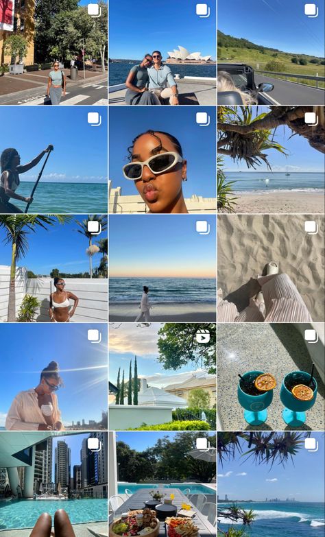 Summer Instagram Layout, Organized Instagram Feed, Beach Instagram Feed Ideas, Instagram Page Inspo Aesthetic, Tropical Summer Insta Feed, Summer Instagram Aesthetic, Instagram Feed Ideas Summer, Beach Aesthetic Instagram Feed, Summer Instagram Post Ideas