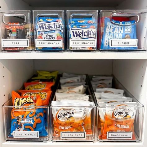 mDesign Home Organization Solutions | 🍿 SNACK BREAK 🍿 16 x 5.75 x 5 bins are so verstial and allow easy access for your favorite snacks! Tell us if you’re team Cheetos or... | Instagram Crisps Storage Ideas, Snack Cupboard Organization, Organize Cupboards, Snack Cupboard, House Organization Ideas, Pantry Storage Ideas, Cupboard Organization, Chocolate Stores, Cheap Organization