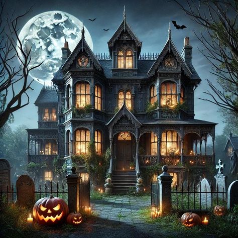 Immerse yourself in the classic UK haunted house with this exquisite artwork. This piece vividly captures the classic spooky scene with flickering jack-o'-lanterns, hanging lanterns, and intricate cobwebs, set against a cold, moonlit sky, the full moon casting an eerie, magical glow over the house. These meticulously detailed artworks evoke the timeless spirit of a darker mood Halloween, making them perfect for seasonal décor. Number 2 in the set. | #Haunted_House_Art #Uk_Halloween #Witches_House #Lanterns_Hanging Halloween Home Exterior, Spooky House Aesthetic, Halloween Mansion, Bloxburg Halloween, Halloween Stores, Hunted House, Spooky Houses, Halloween Houses, Lanterns Hanging