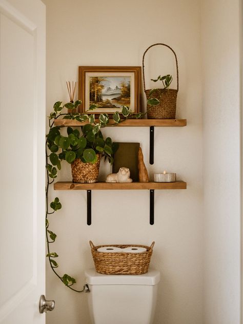 Bathroom Shelving Ideas, Half Bathroom Decor, Shelves Over Toilet, Bathroom Shelving, Shelving Ideas, Small Bathroom Storage, Bathroom Inspiration Decor, Apartment Decor Inspiration, Bathroom Inspo