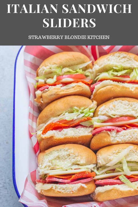 These Italian Sandwich Sliders are served cold, stacked high on Hawaiian rolls and are full of Salami, Pepperoni, provolone, lettuce, tomatoes, onions and dressing for fresh and delicious party sandwich that's also perfect for game day! #appetizer #sandwichrecipes #sandwich #partysandwich #sliderrecipes #slider #italianrecipes #gamedayrecipe #footballfood Large Group Sandwich Ideas, Pressed Italian Sandwich Recipe, Sandwhich Appetizers Summer, Easy Italian Sandwiches, Hawian Roll Sandwiches Cold, Cold Sliders Recipes, Bingo Appetizers, Sun Sandwiches, Cold Cut Sliders