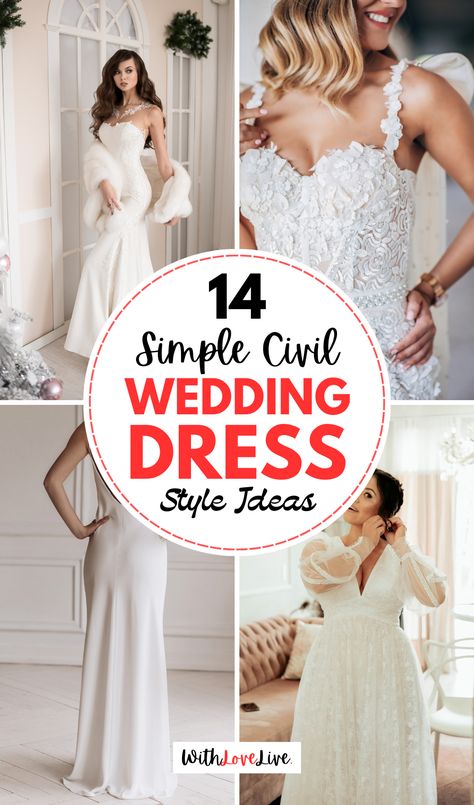 Say "I do" in style with our selection of civil wedding dresses! Discover timeless designs that reflect your personality and love story. ❤️✨ Save this pin to keep your wedding dress ideas organized for your special day! Wedding Dresses For Registry Office, Wedding Dress At 50, Wedding Gowns For Second Marriage, Best Wedding Dress For Second Wedding, Court House Wedding Dress Idea, Wedding Dresses No Train Floor Length, Wedding Dresses For 3rd Marriage, Over 50 Wedding Dress Older Bride Simple Classy, Older Bride Wedding Dress Over 40 Classy