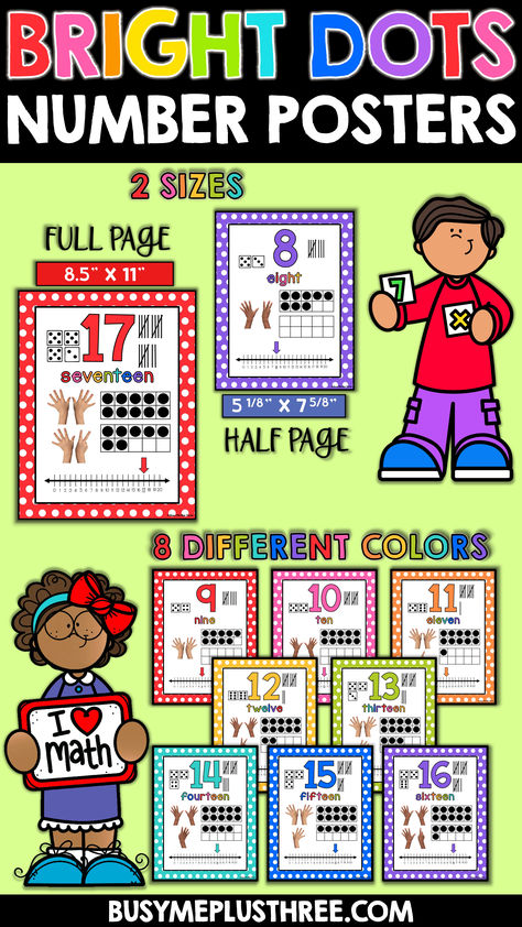 This is a set of BRIGHT POLKA DOT THEMED numbers 0-20 posters for your classroom. Spruce up your area and create a fun and colorful look with this set of number posters for your early childhood classroom. Each poster features the digit, word form, dice, tally marks, ten frames, number line, and real hands with counting fingers that represent that number. Students will love these as a great reference tool! There are 2 different sizes to choose from, full page and half page. Bright Classroom Decor, Back To School Decor, Bright Classroom, Polka Dot Decor, Posters Decor, Number Posters, Tally Marks, Bright Decor, Word Form