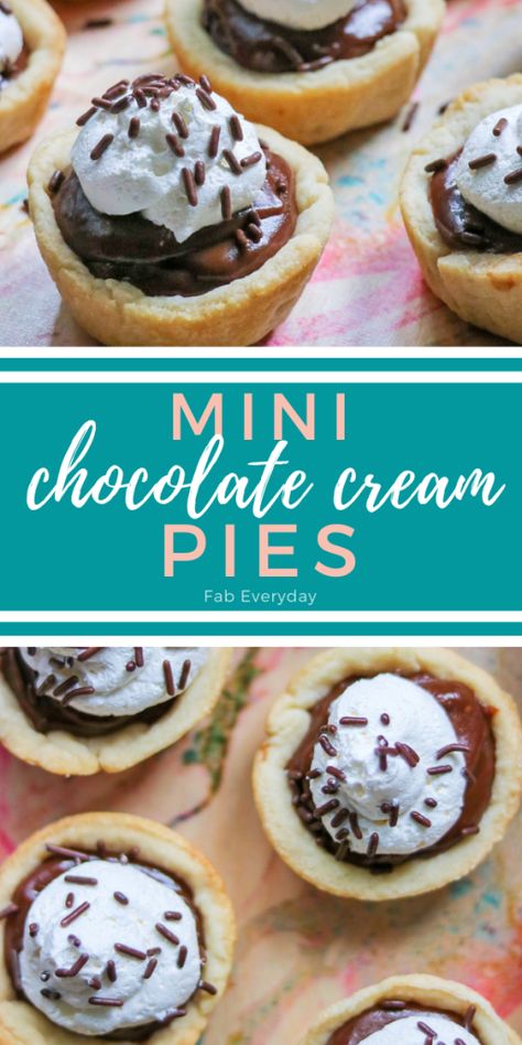 I adapted Aunt Clarica’s family-favorite chocolate cream pie into mini individual chocolate pies. These mini chocolate pies are so delicious, and perfect for parties. Don’t be surprised if you are requested to make this mini chocolate pie recipe again and again. Click or visit FabEveryday.com for the easy mini chocolate pudding pies recipe. Chocolate Pies Easy, Mini Pudding Pies, Mini Pie Crust Ideas, Mini Chocolate Cream Pies, Mini Chocolate Pies, Mini Pies Easy, Chocolate Cream Pies, Mini Chocolate Pie, Brookies Cookies