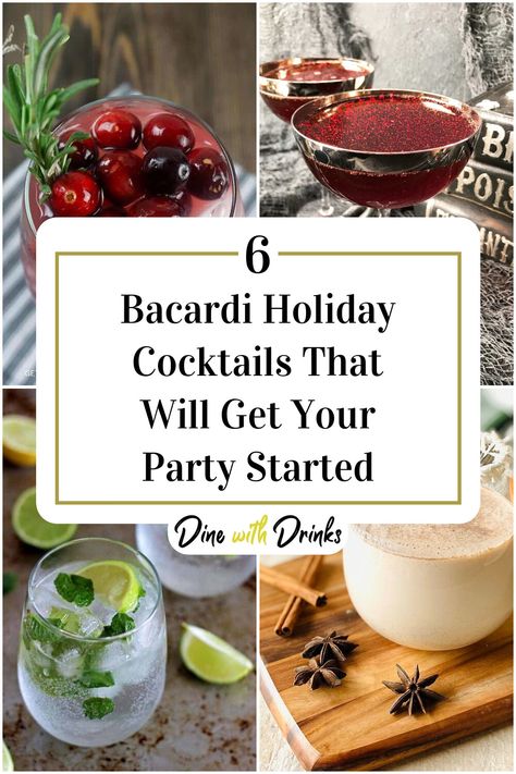 Collage of 4 bacardi holiday cocktails. Bacardi Drinks Recipes Easy, Bacardi Drinks Recipes, Bacardi Mixed Drinks, Bacardi Cocktails, Bacardi Drinks, Rum Drinks Easy, Easy Christmas Drinks, Fruity Drink Recipes, Holiday Drinks Christmas