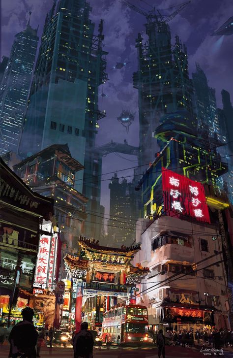 Neo Tokyo inspiration - mixing the old in with the new, traditional Japanese buildings shown down at the ground level in amidst the bright street lights from all the street vendors and businesses. Set to a backdrop of towering sky-scrappers plunging into the darkness, the contrasting lights from the offices in the towers appear like stars in the night sky. Ville Cyberpunk, Asian City, Art Cyberpunk, Neo Tokyo, Sci Fi City, Sci Fi Environment, Anime City, City At Night, Cyberpunk City