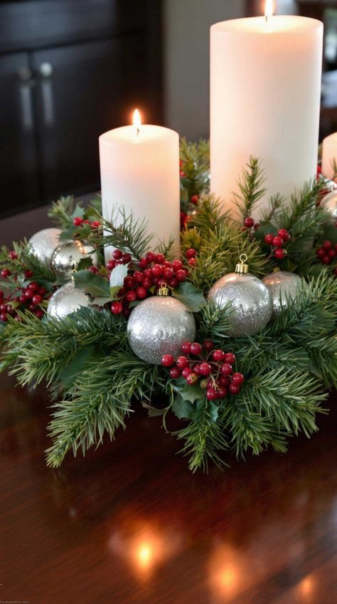 How to Make a Christmas Centerpiece with Fresh Greens - FlowersFloralFlorist Holiday Centerpieces For Tables, Christmas Candle Centerpieces, Elegant Christmas Centerpieces, January Flower, Holiday Flower Arrangements, Winter Floral Arrangements, Fire Pics, Greenery Centerpiece, Christmas Flower Arrangements