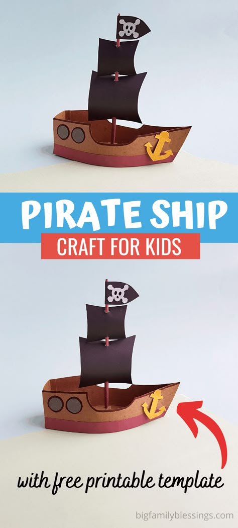 Pirate Ship Template Free Printable, Pirate Flag Craft, Pirate Printables Free Templates, Pirate Ship Template, Pirate Crafts For Kids, Pirate Crafts Preschool, Pirate Hat Crafts, Crafts With Paper Plates, Pirate Ships Diy