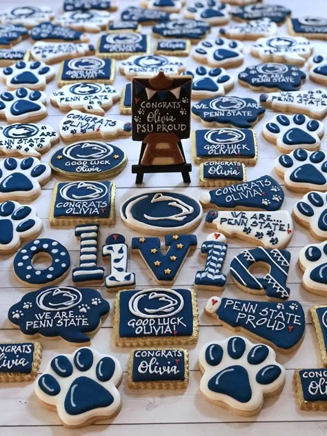 Penn State Graduation Cookies College Signing Day Cookies, Penn State Cake Graduation, Penn State Acceptance, Penn State Decorations, Penn State Acceptance Letter, Penn State Cookies Decorated, Penn State Tailgate Ideas, Graduation Baking Ideas, Penn State Party Ideas