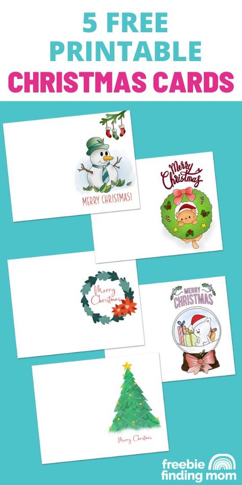 These are five free printable Christmas cards that include an adorable snowman, a cat hanging onto to a wreath, a cute bear in a snow globe, a beautiful Christmas tree, and a pretty wreath. Free Printable Christmas Thank You Cards, Christmas Cards To Make Free Printable, Free Printable Christmas Cards For Kids, Gift Card Template Printable Free, Christmas Card Printable Free, Christmas Cards Printable Free, Christmas Card Templates Free Printable, Free Christmas Card Template, Printable Christmas Cards For Kids